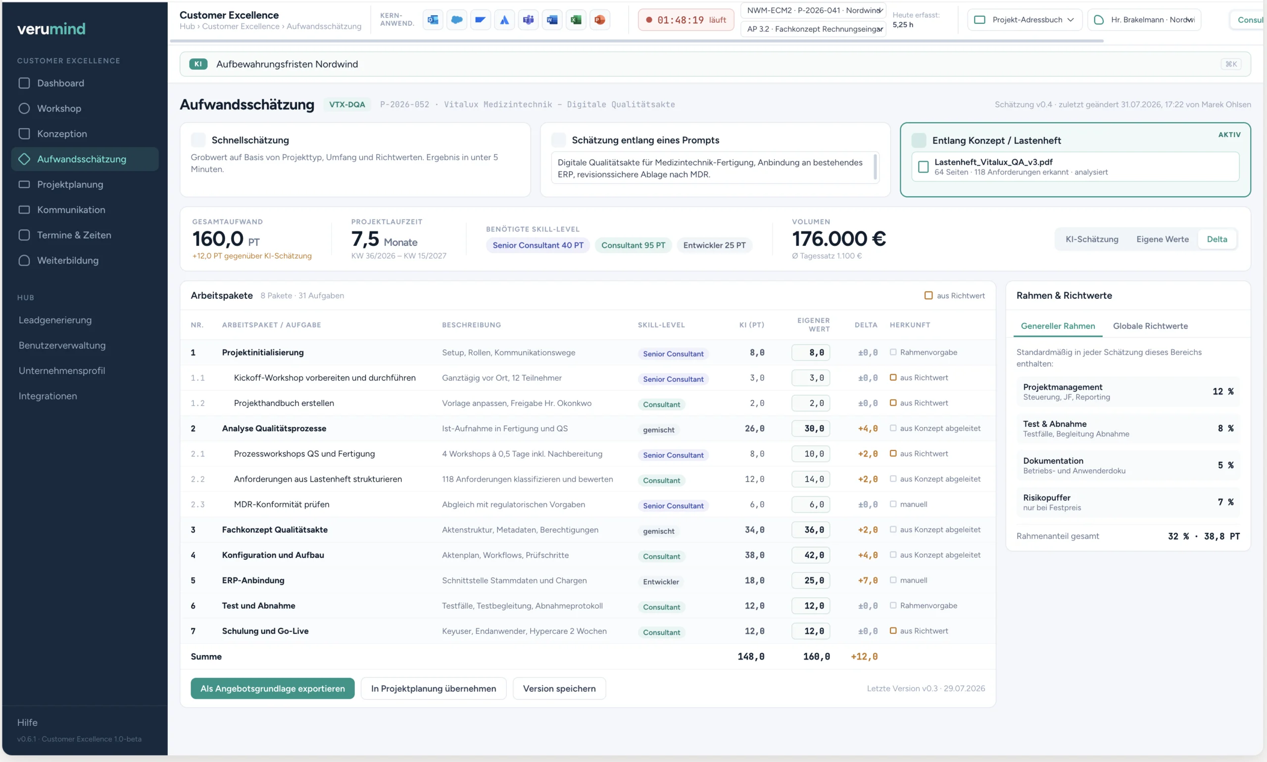 Aufwandsschätzung im Modul Customer Excellence: Arbeitspakete mit KI-Schätzung, eigenen Werten und Delta, daneben die hinterlegten Richtwerte