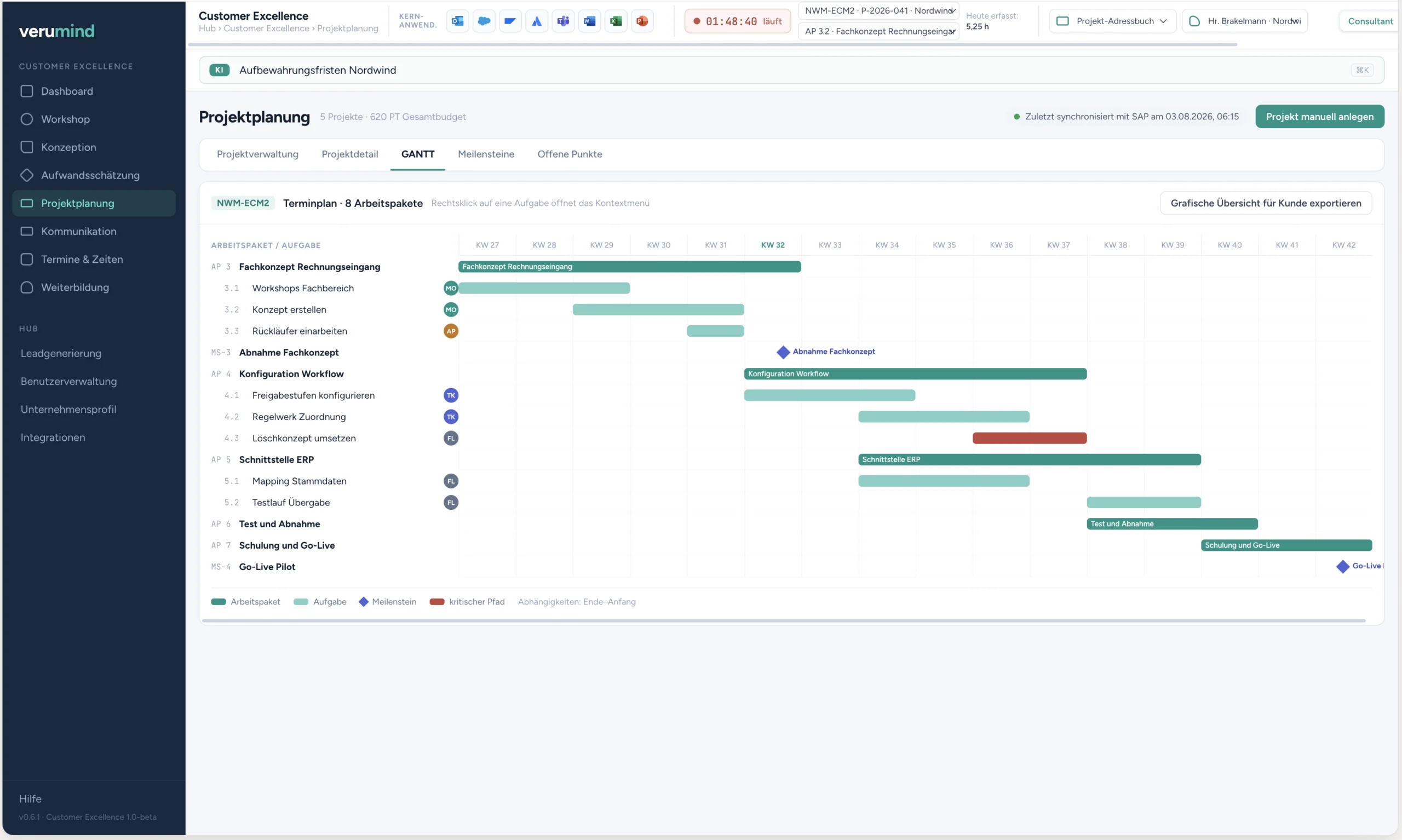 Projektplanung im Modul Customer Excellence: Balkenplan mit Arbeitspaketen, Aufgaben, Meilensteinen und kritischem Pfad